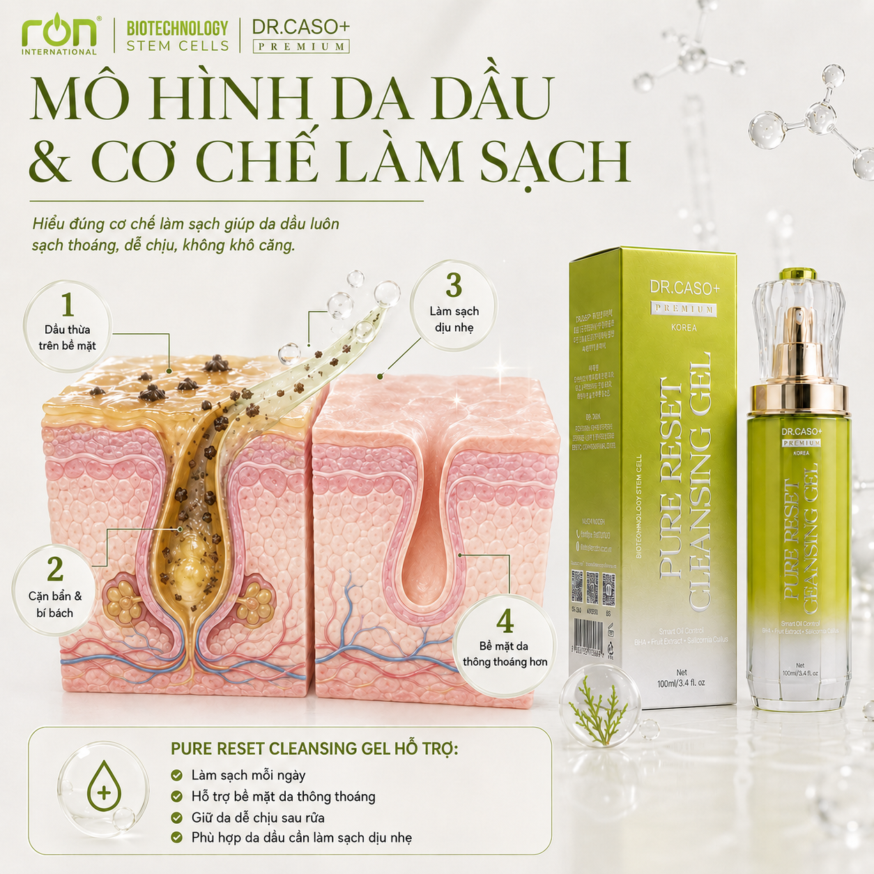 DR.CASO+ PREMIUM PURE RESET CLEANSING GEL/Gel Làm Sạch Dịu Nhẹ BHA &amp; Chiết Xuất Thiên Nhiên Cho Da Dầu – Hỗn Hợp